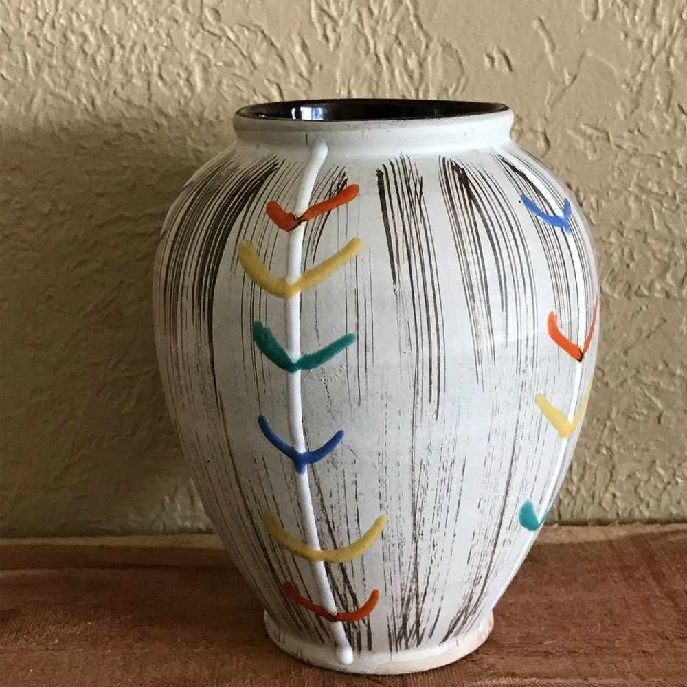 Vintage U-Keramik Sgraffito Bark Vase West Germany Pottery 525-13 MCM Chevron